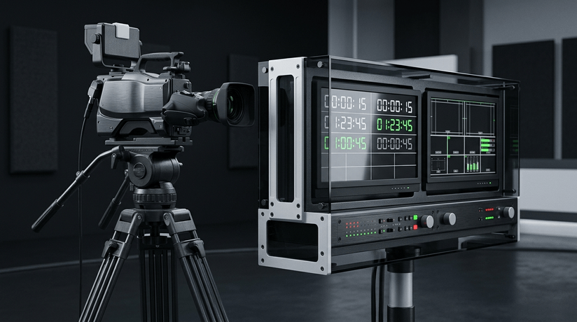 The dealer-less studio rig: a camera on a tripod beside three monitors on a stand showing green and amber readout bars